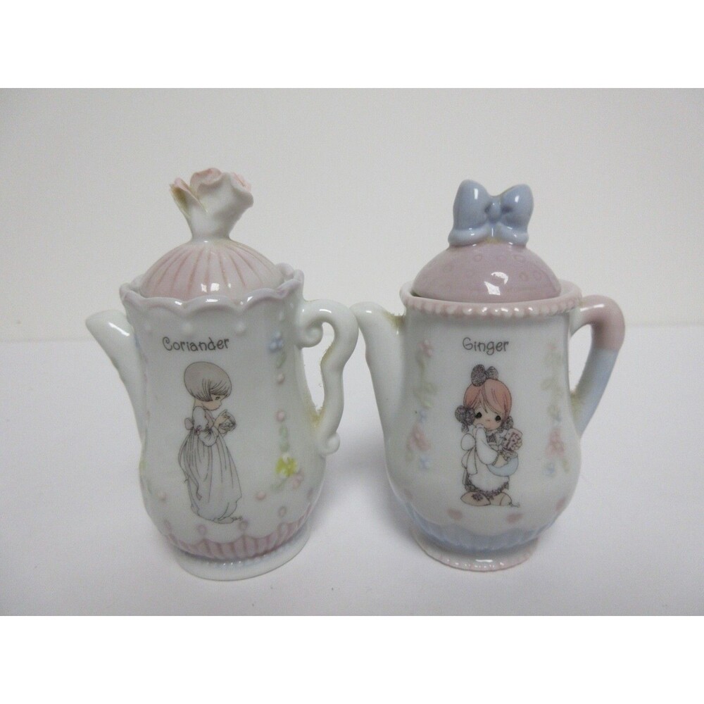 2 Vtg Precious Moments Porcelain Teapot Spice Jar Ginger Coriander Good Conditio